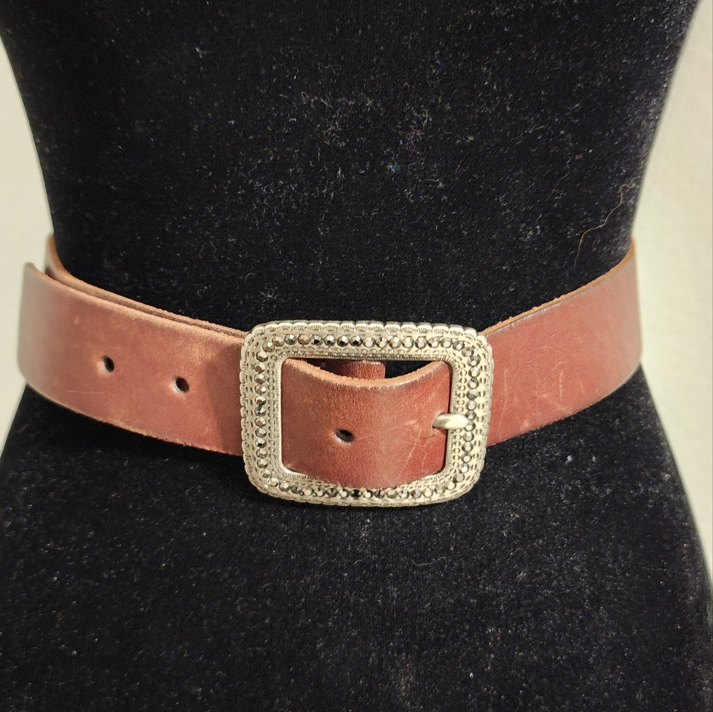 Womans Brown Leather Small Belt by Fossil western style jeweled buckle